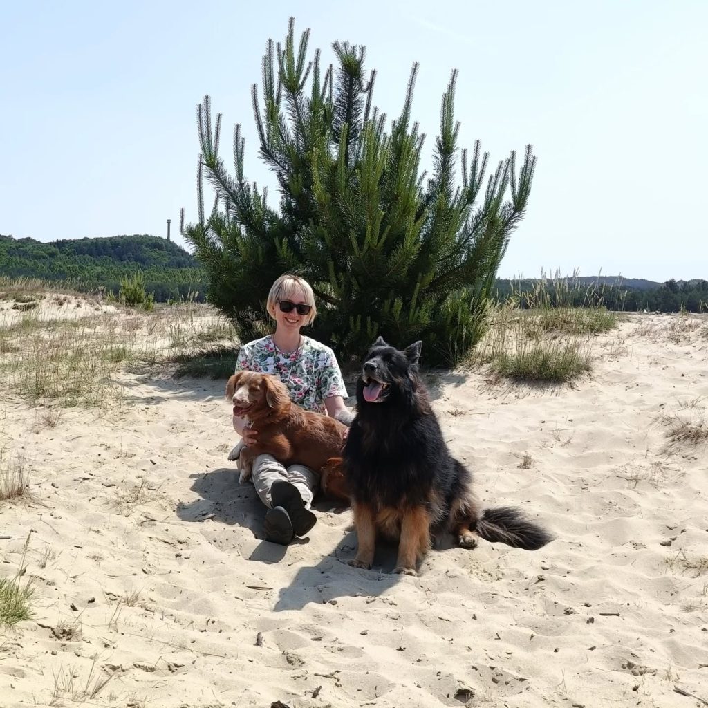 Trenerka psów na pustyni z Retrieverem z Nowej Szkocji oraz owczarkiem staroniemieckim.