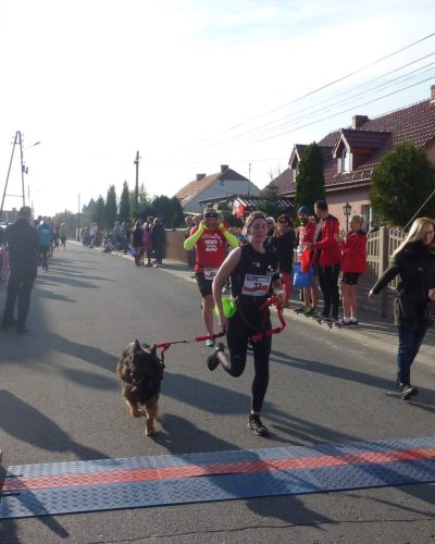 Trenerka psów i owczarek staroniemiecki na trasie Biegu Niepodległości.