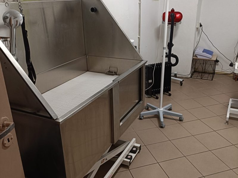 Profesjonalna, metalowa wanna groomerska z regulacją wysokości i antypoślizgowym dnem, wyposażona w słuchawkę prysznicową oraz smycze serwisowe; w tle widoczna suszarka stojąca i lampa operacyjna.